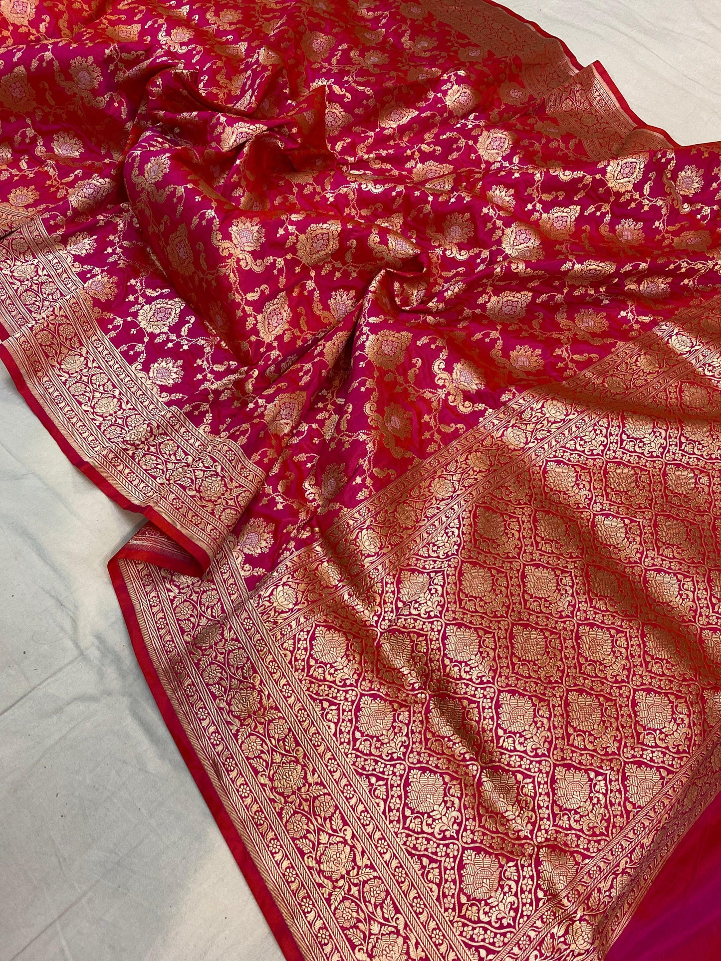 Rani Pink Pure Katan Silk Handloom Banarasi Saree by Shades Of Benares - banarasi - banarasi saree shop