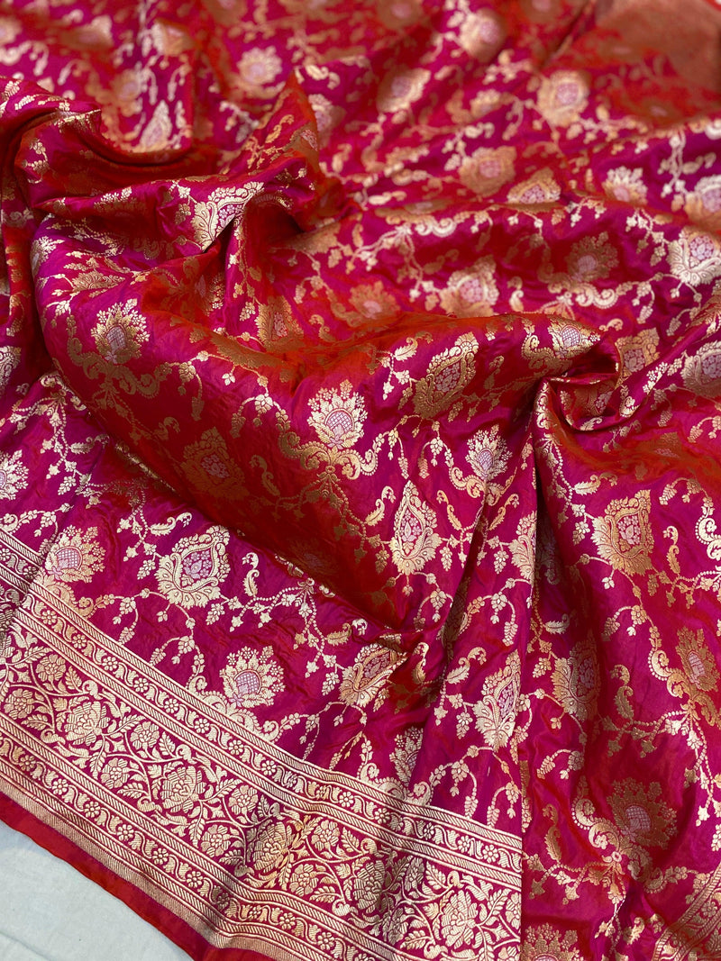 Rani Pink Pure Katan Silk Handloom Banarasi Saree by Shades Of Benares - banarasi - banarasi saree shop