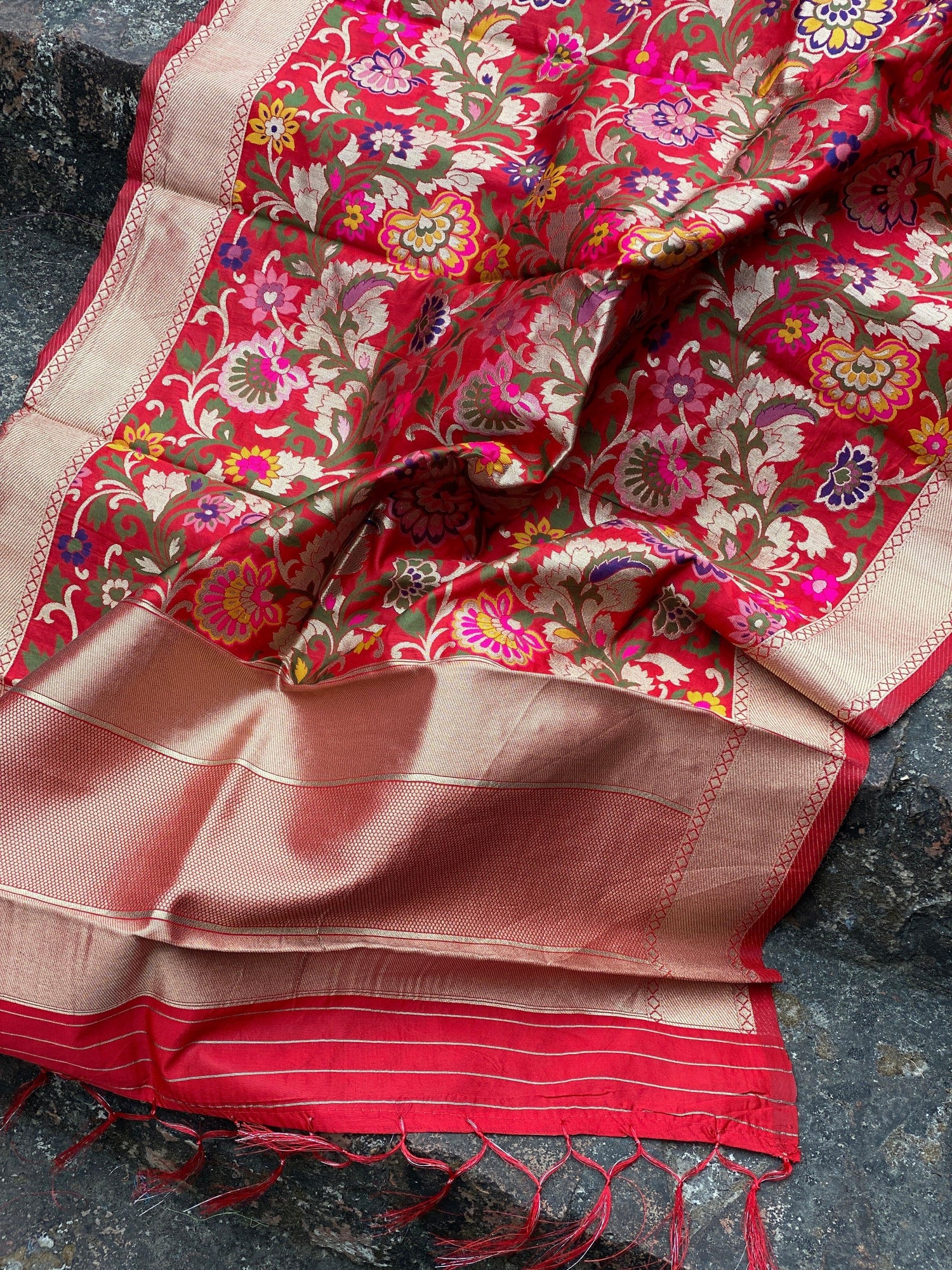 Ravishing Red Minakari Handloom Banarasi Silk Dupatta: Elevate Your Party Bridal Wear by Shades Of Benares - banarasi - banarasi saree shop - banarasi saree manufacturers - banarasi saree wholesale - banaraasi sarees