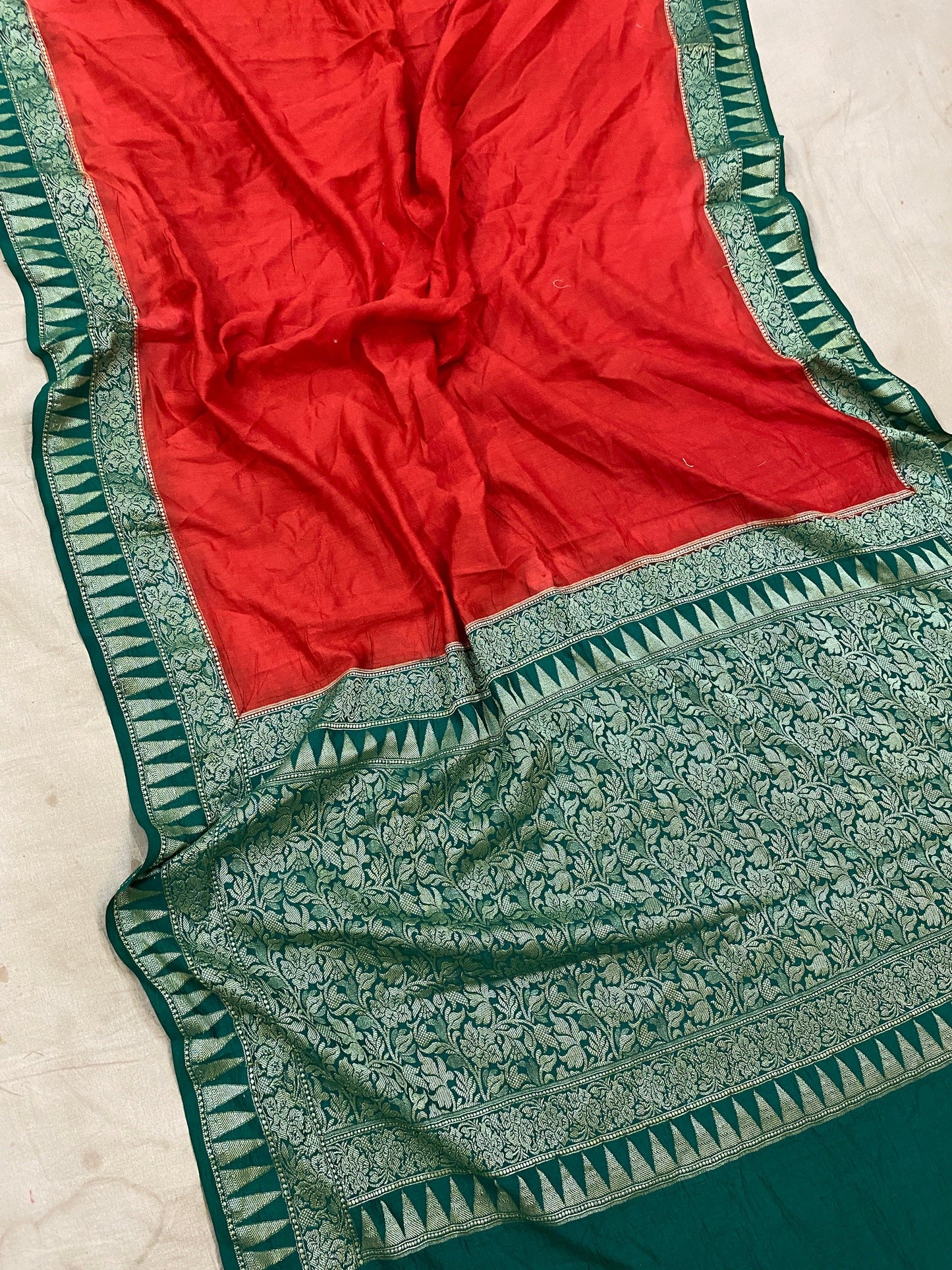 Red & Green Pure Banarasi Khaddi Moonga Silk Handloom Saree by Shades Of Benares - banarasi - banarasi saree shop