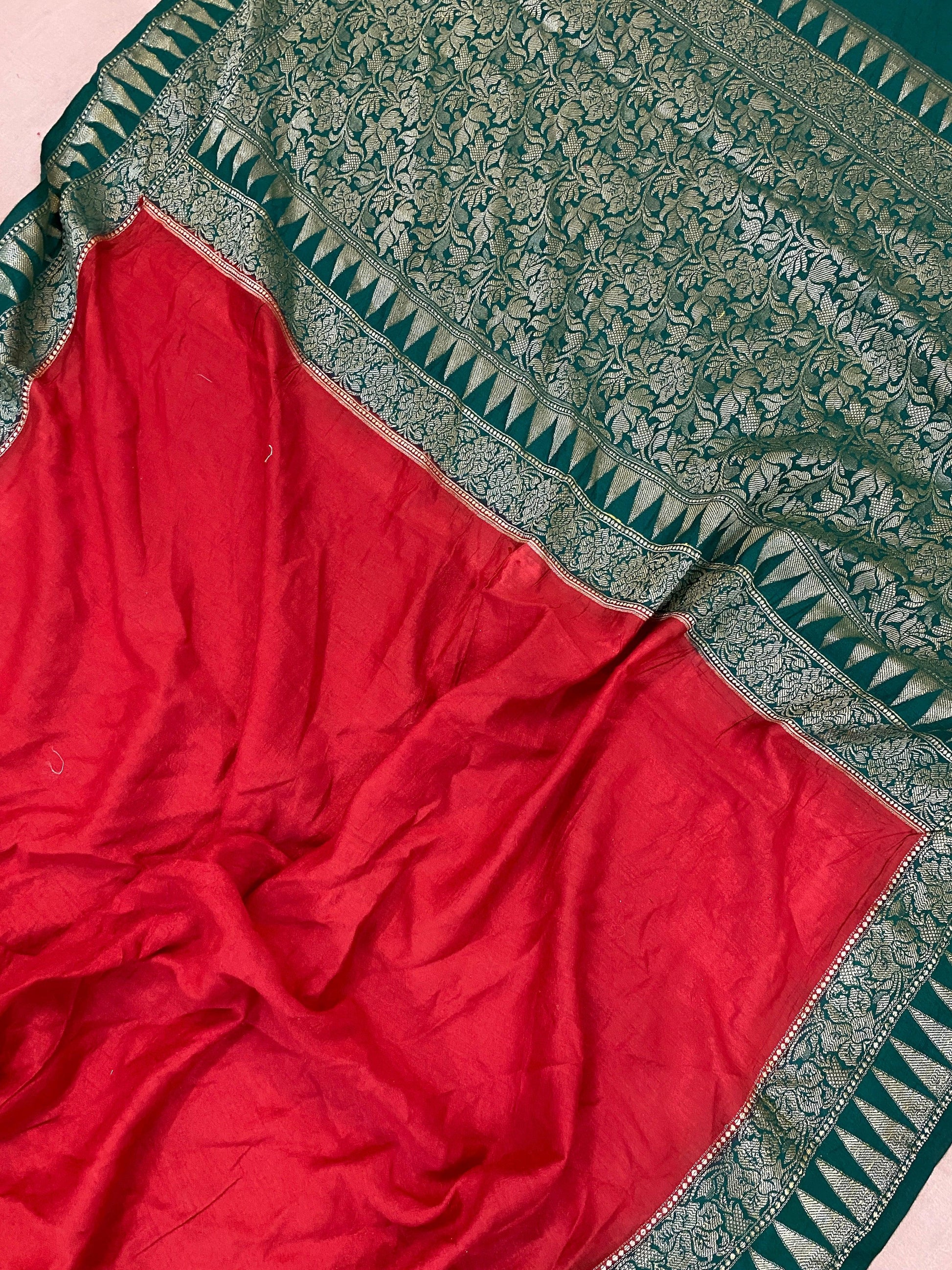 Red & Green Pure Banarasi Khaddi Moonga Silk Handloom Saree by Shades Of Benares - banarasi - banarasi saree shop