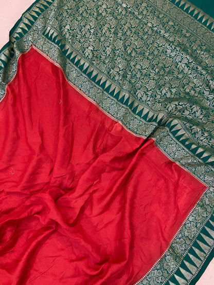 Red & Green Pure Banarasi Khaddi Moonga Silk Handloom Saree by Shades Of Benares - banarasi - banarasi saree shop