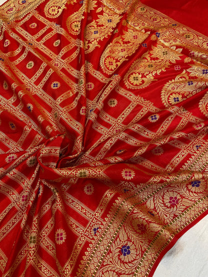 Red Banarasi Katan Soft Silk Handloom Saree by Shades Of Benares - banarasi - banarasi saree shop