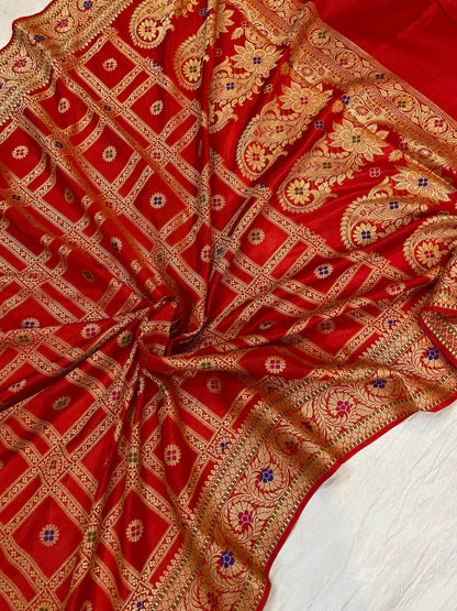 Red Banarasi Katan Soft Silk Handloom Saree by Shades Of Benares - banarasi - banarasi saree shop