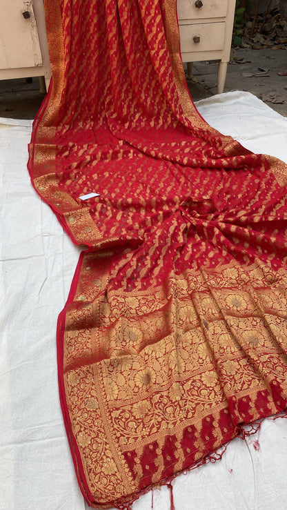 Red Handloom Pure Chiffon Banarasi Saree by Shades Of Benares - banarasi - banarasi saree shop