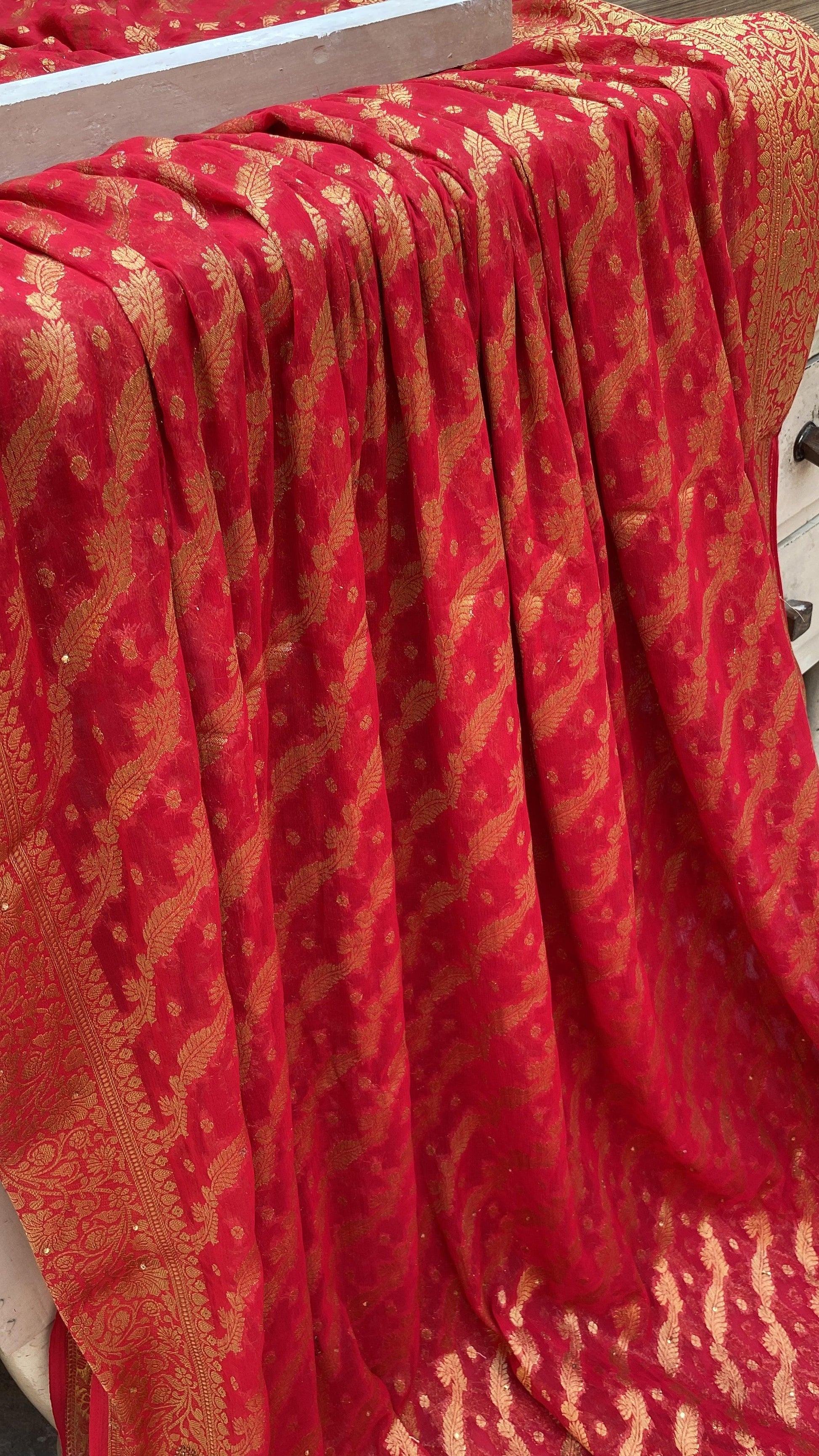 Red Handloom Pure Chiffon Banarasi Saree by Shades Of Benares - banarasi - banarasi saree shop