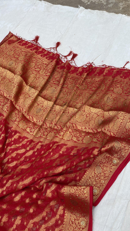 Red Handloom Pure Chiffon Banarasi Saree by Shades Of Benares - banarasi - banarasi saree shop