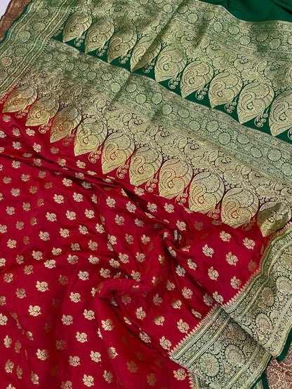 Red Handloom Pure Satin Silk Banarasi Saree by Shades Of Benares - banarasi - banarasi saree shop