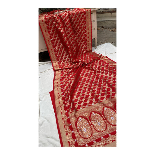 Red Handwoven Banarasi Katan Silk Sari by Shades Of Benares - banarasi - banarasi saree shop