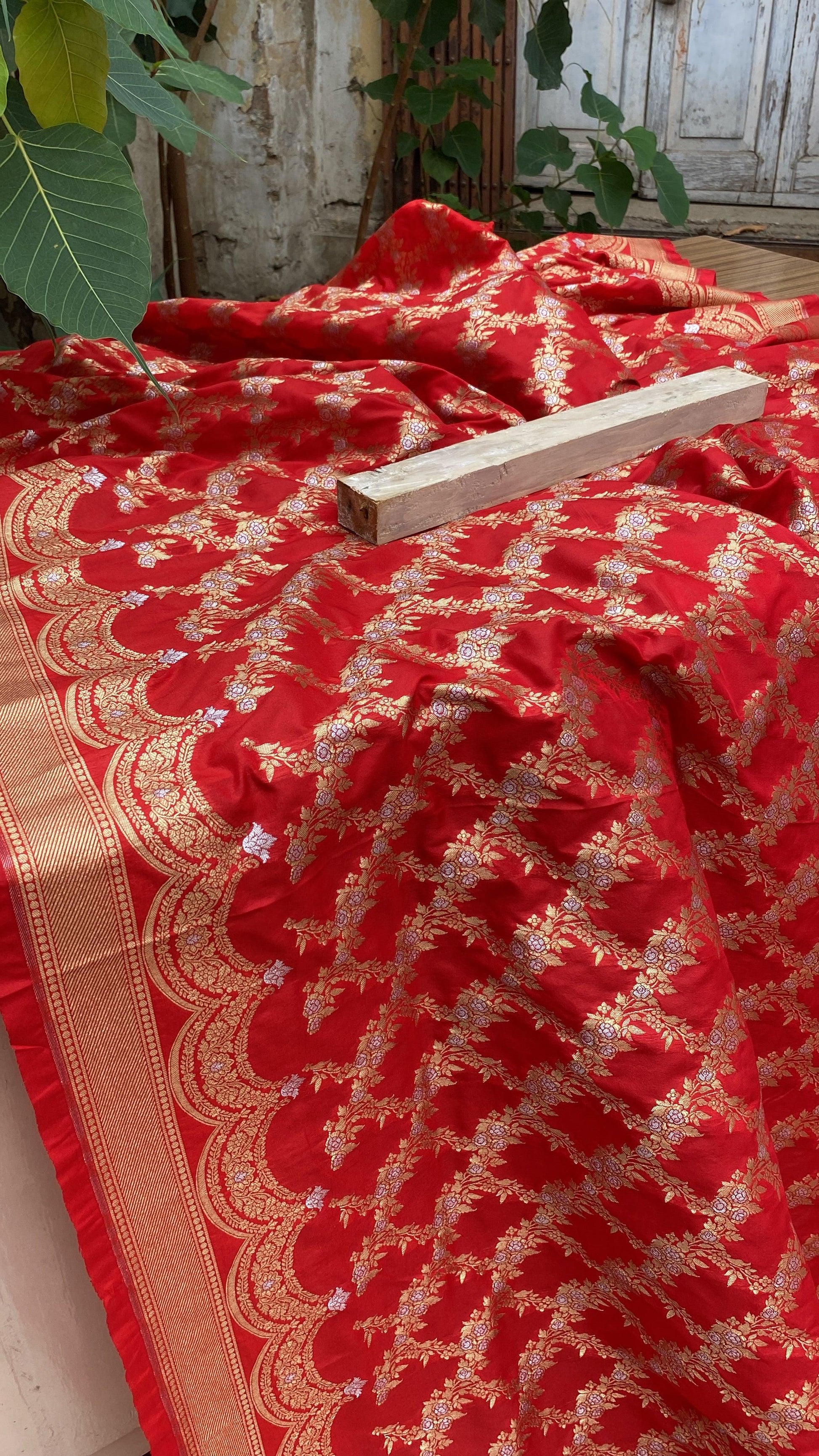 Red Handwoven Banarasi Katan Silk Sari by Shades Of Benares - banarasi - banarasi saree shop