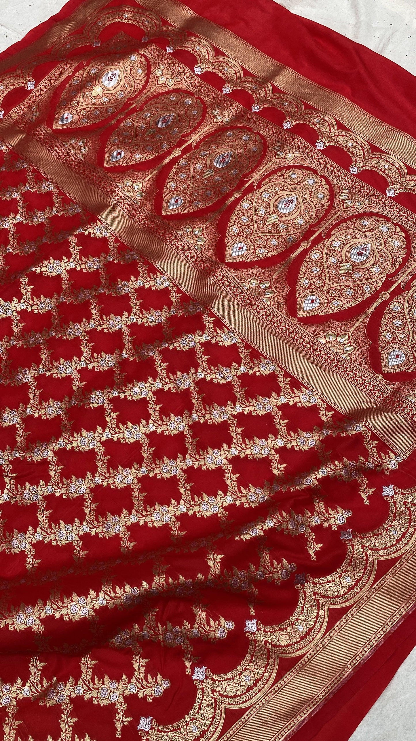 Red Handwoven Banarasi Katan Silk Sari by Shades Of Benares - banarasi - banarasi saree shop