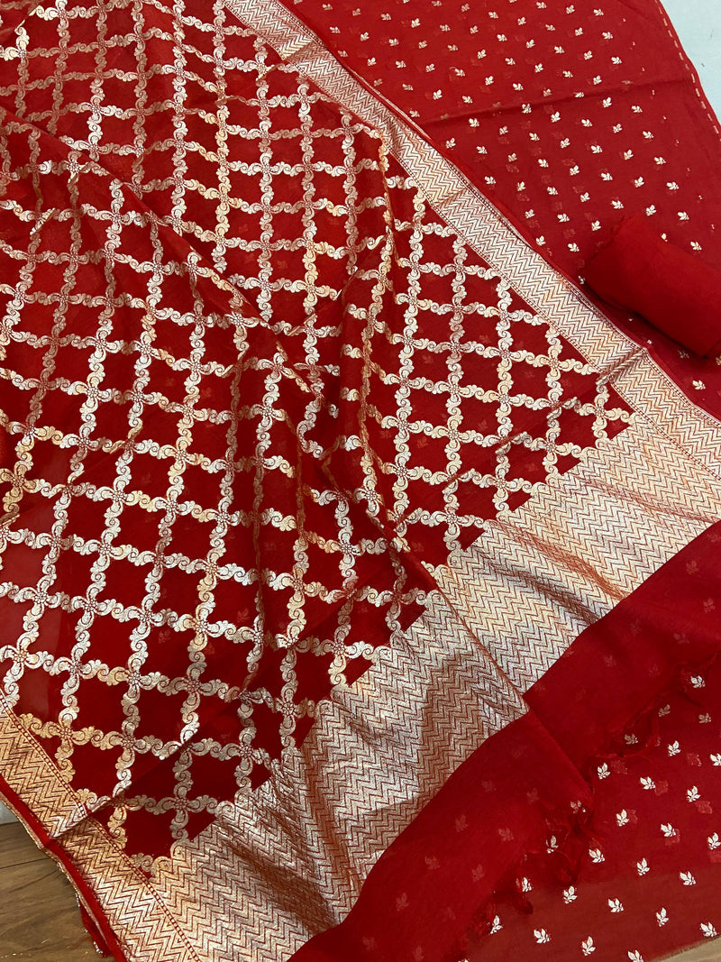 Red Pure Banarasi Cotton Silk Handloom 3 Pcs Ladies Suit by Shades Of Benares - banarasi - banarasi saree shop
