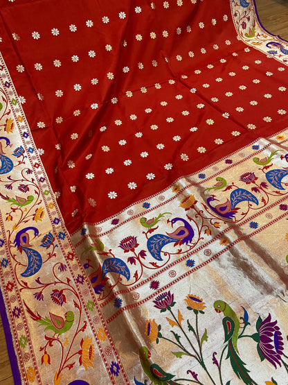 Red Pure Banarasi Katan Silk Handloom Saree- Kadhwa Paithani by Shades Of Benares - banarasi - banarasi saree shop