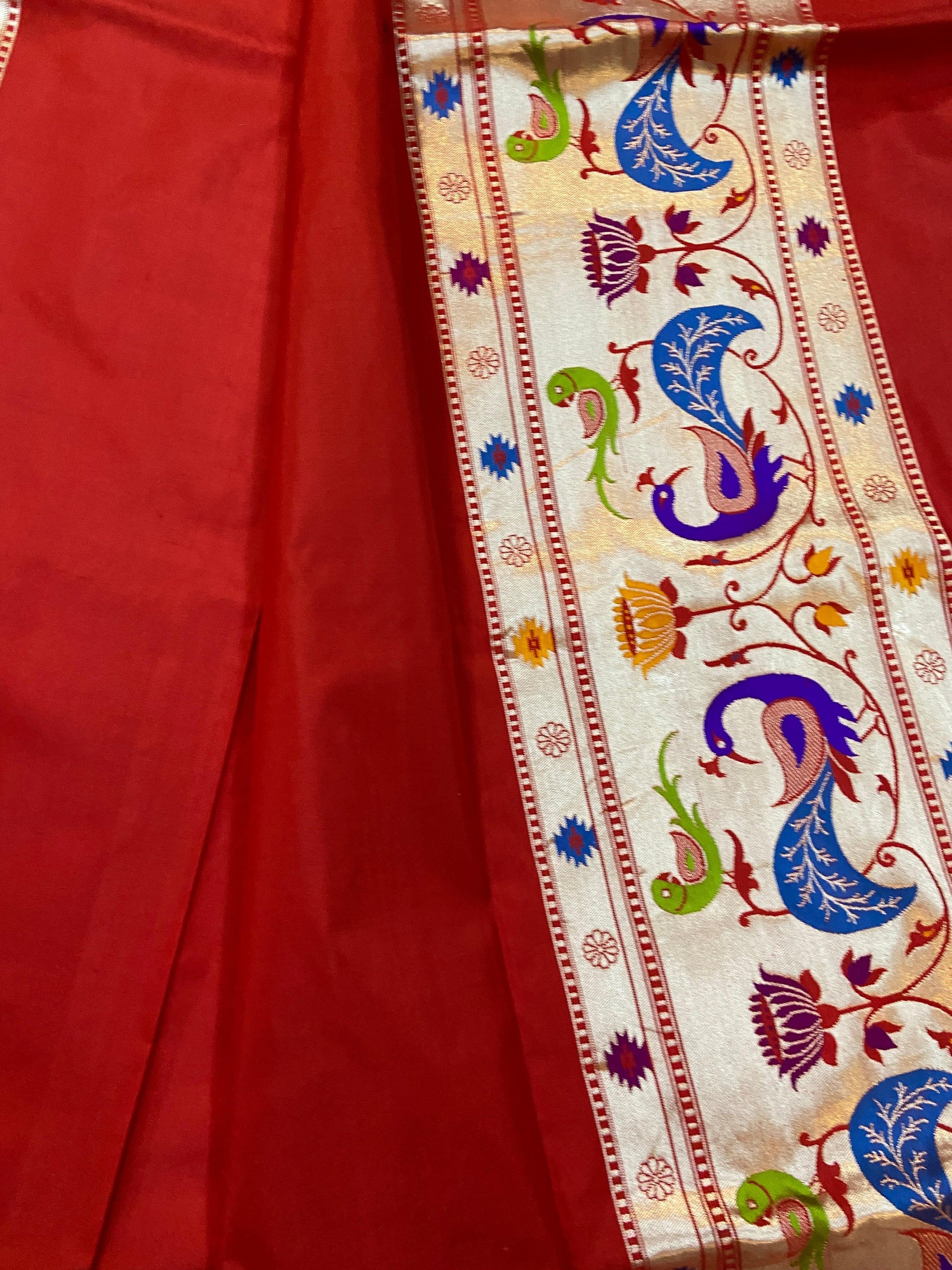 Red Pure Banarasi Katan Silk Handloom Saree- Kadhwa Paithani by Shades Of Benares - banarasi - banarasi saree shop