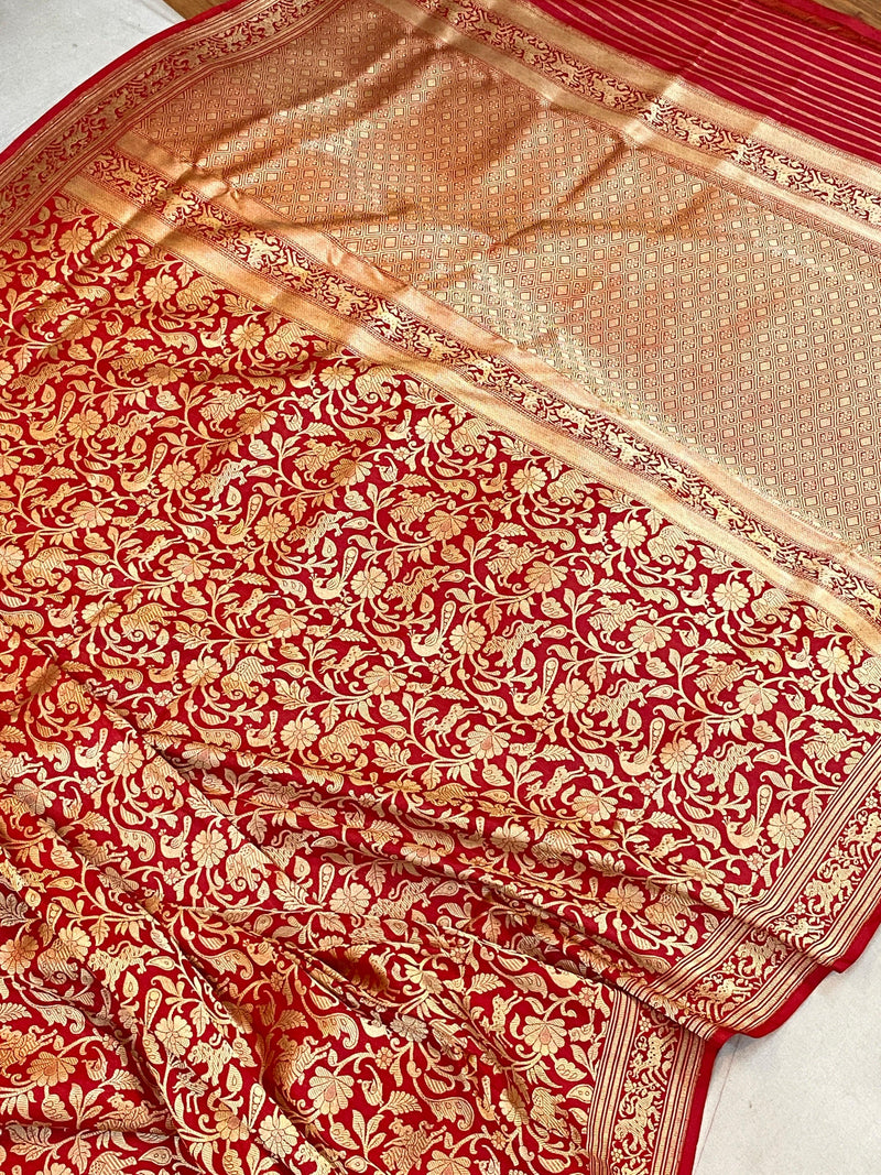 Red Pure Banarasi Katan Silk handloom Shikargaah saree with blouse piece - Shades Of Benares