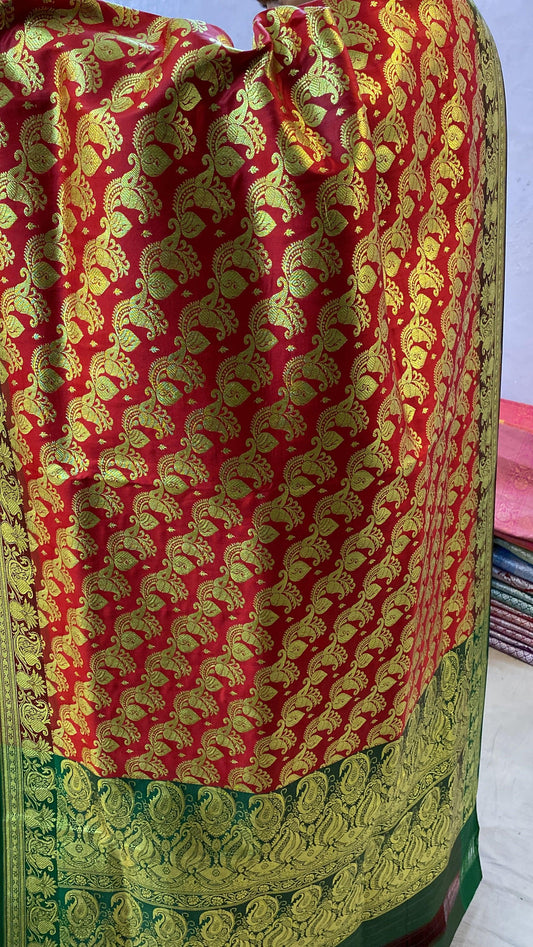 Red Pure Banarasi Satin Silk Handloom Saree For Kids by Shades Of Benares - banarasi - banarasi saree shop