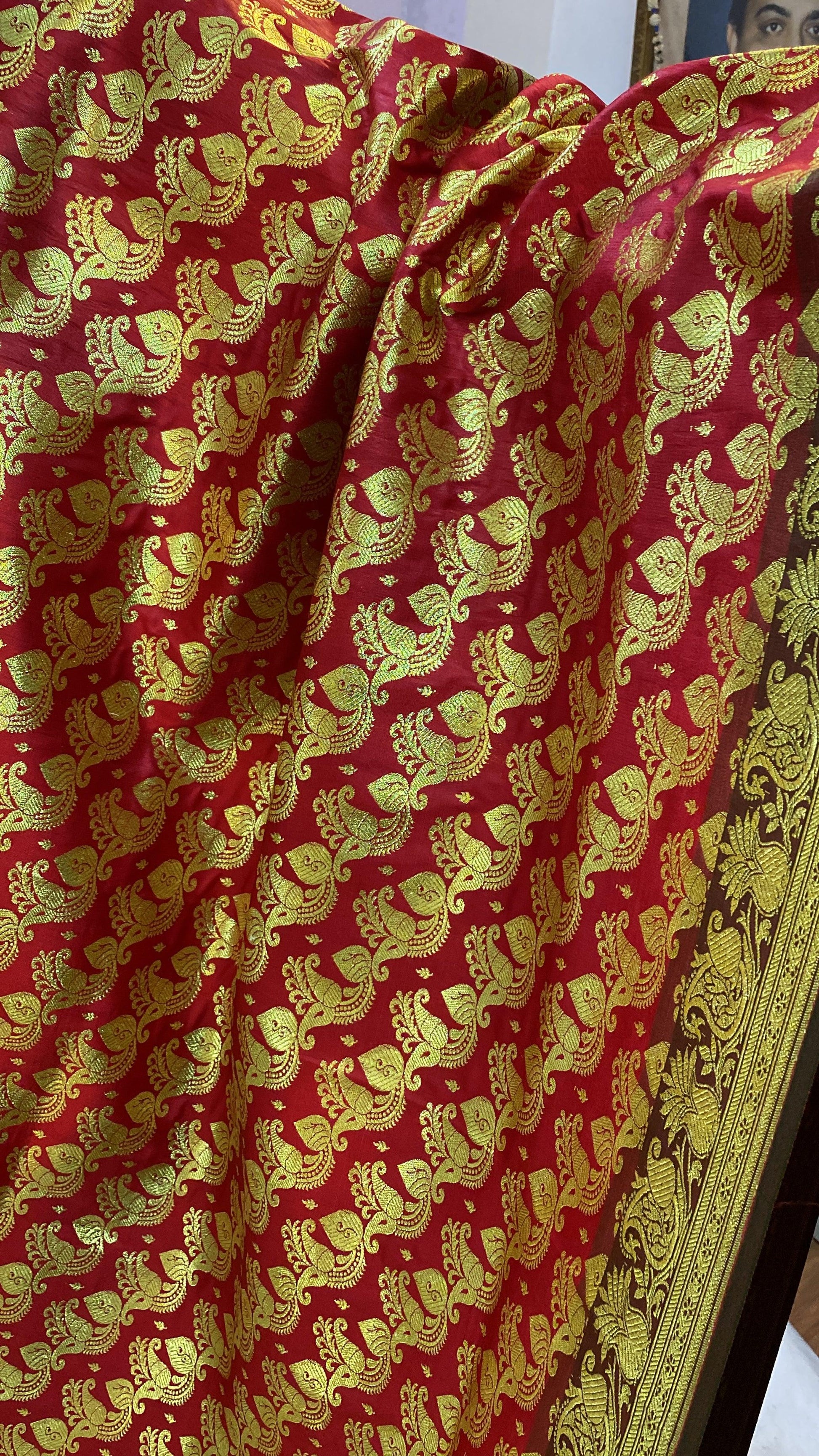 Red Pure Banarasi Satin Silk Handloom Saree For Kids by Shades Of Benares - banarasi - banarasi saree shop