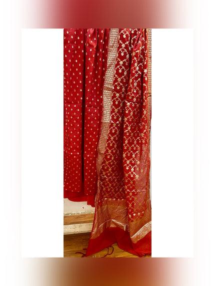 Regal Elegance: Red Banarasi Cotton Silk Handloom Suit Set by Shades Of Benares - banarasi - banarasi saree shop