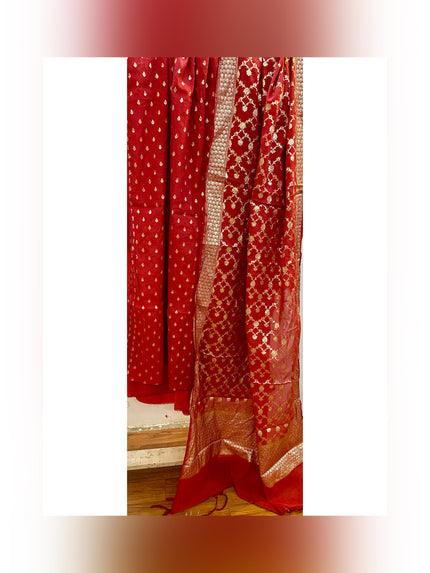 Regal Elegance: Red Banarasi Cotton Silk Handloom Suit Set - Shades Of Benares