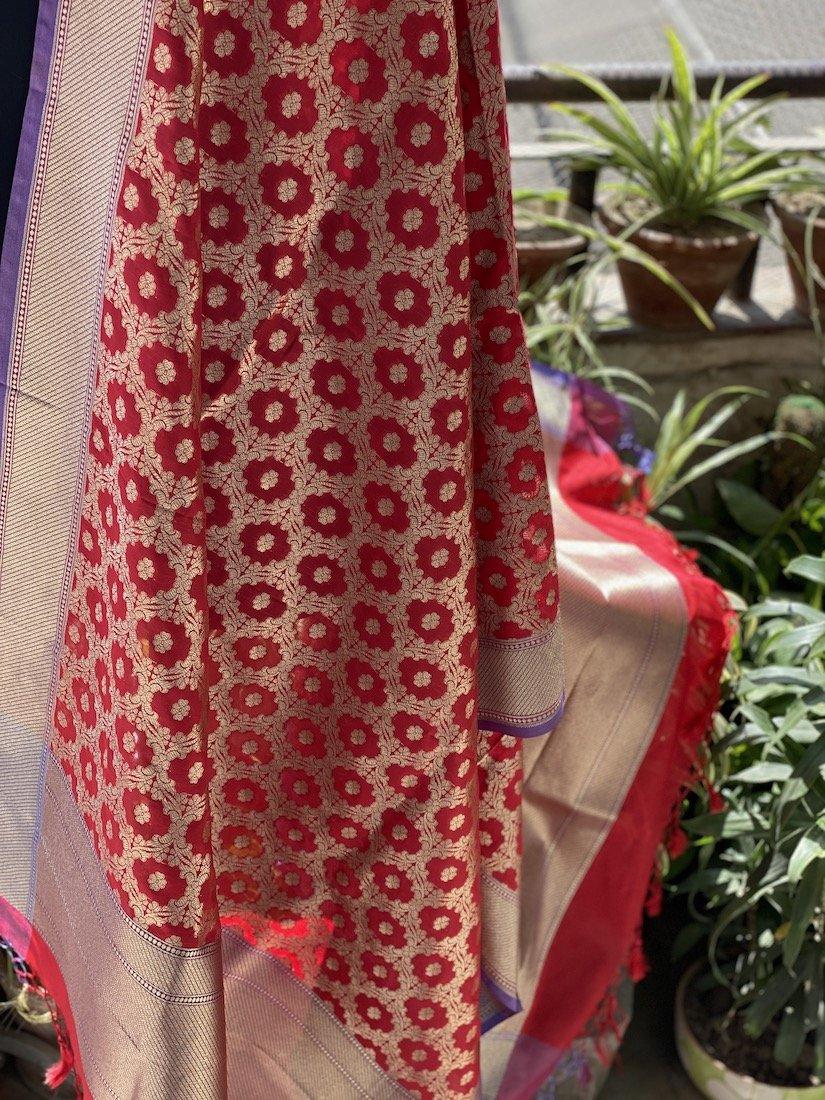 Regal Red Handloom Banarasi Silk Dupatta: Elevate Your Bridal Ensemble by Shades Of Benares - banarasi - banarasi saree shop