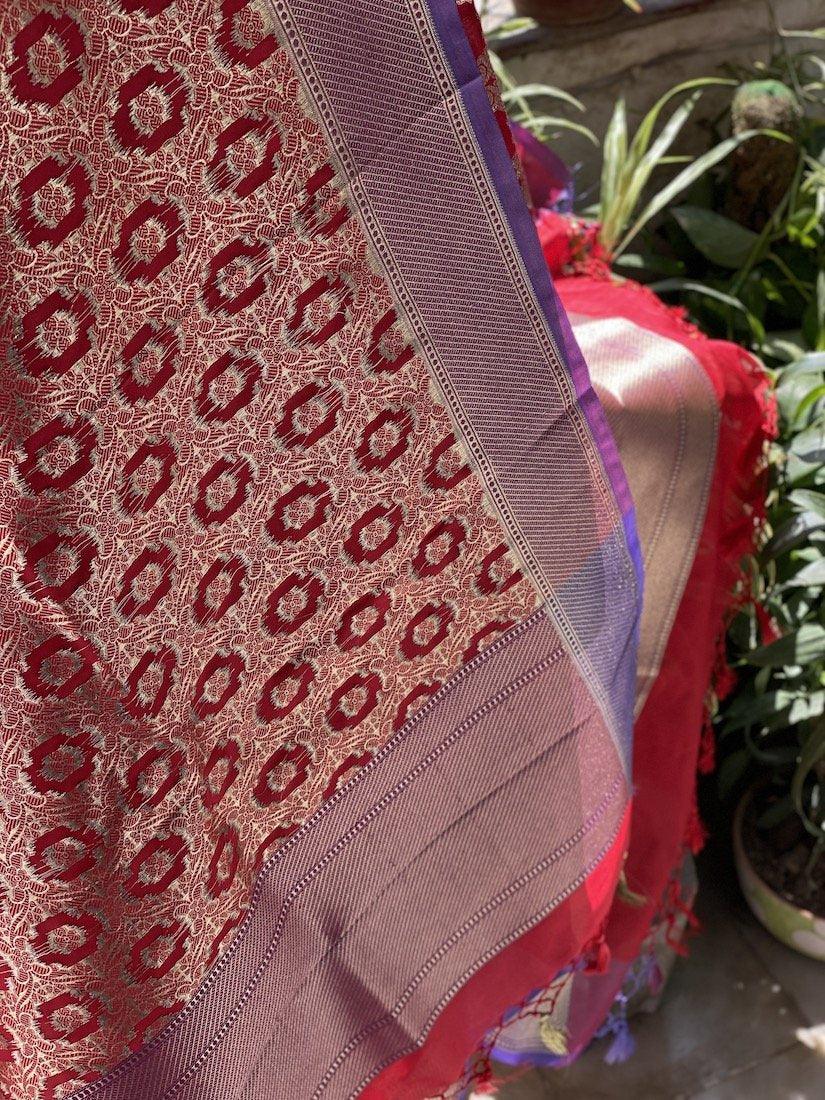 Regal Red Handloom Banarasi Silk Dupatta: Elevate Your Bridal Ensemble by Shades Of Benares - banarasi - banarasi saree shop