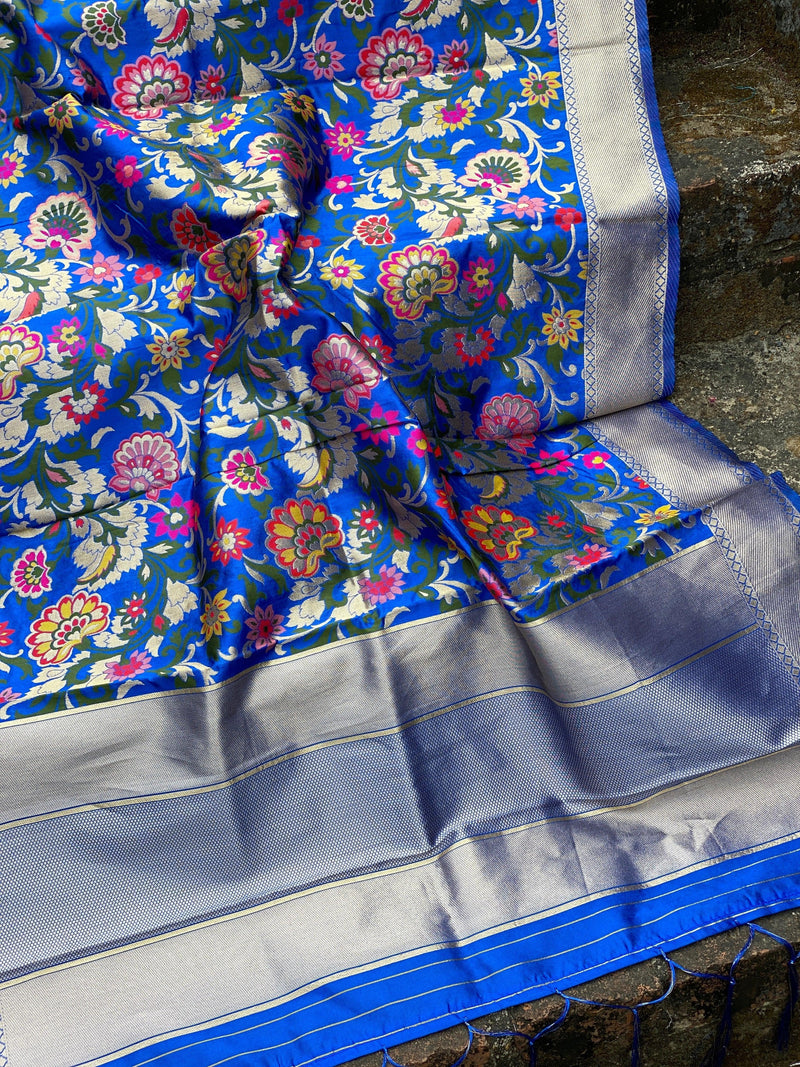 Regal Royal Blue Minakari Handloom Banarasi Silk Dupatta: Elevate Your Party and Festive Attire - Shades Of Benares