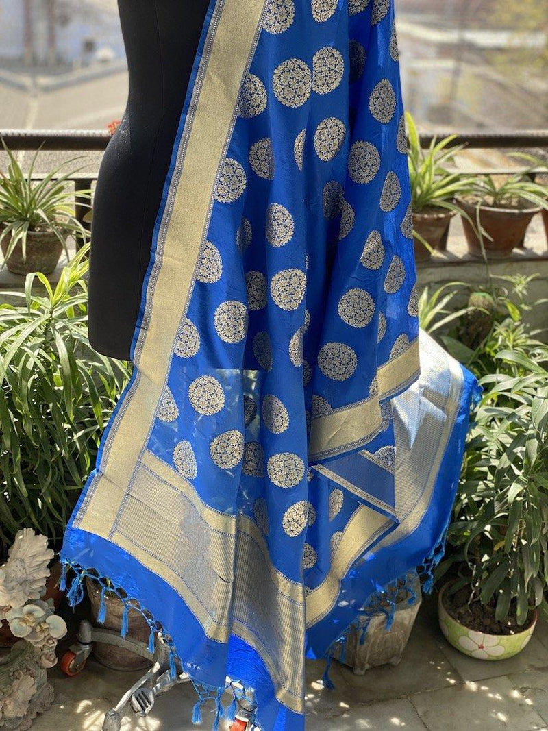 Royal Blue Handloom Banarasi Silk Dupatta: Elevate Your Wedding and Party Attire by Shades Of Benares - banarasi - banarasi saree shop