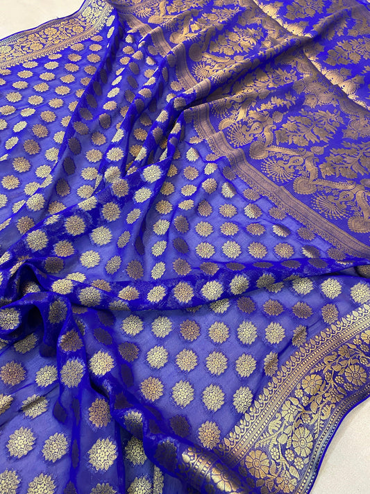 Royal Blue Pure Banarasi Georgette Handloom SareeRAK02A3 by Shades Of Benares - banarasi - banarasi saree shop