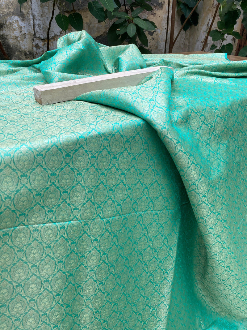 Sea Green Handloom Pure Katan Silk Brocade Banarasi Fabric - Shades Of Benares