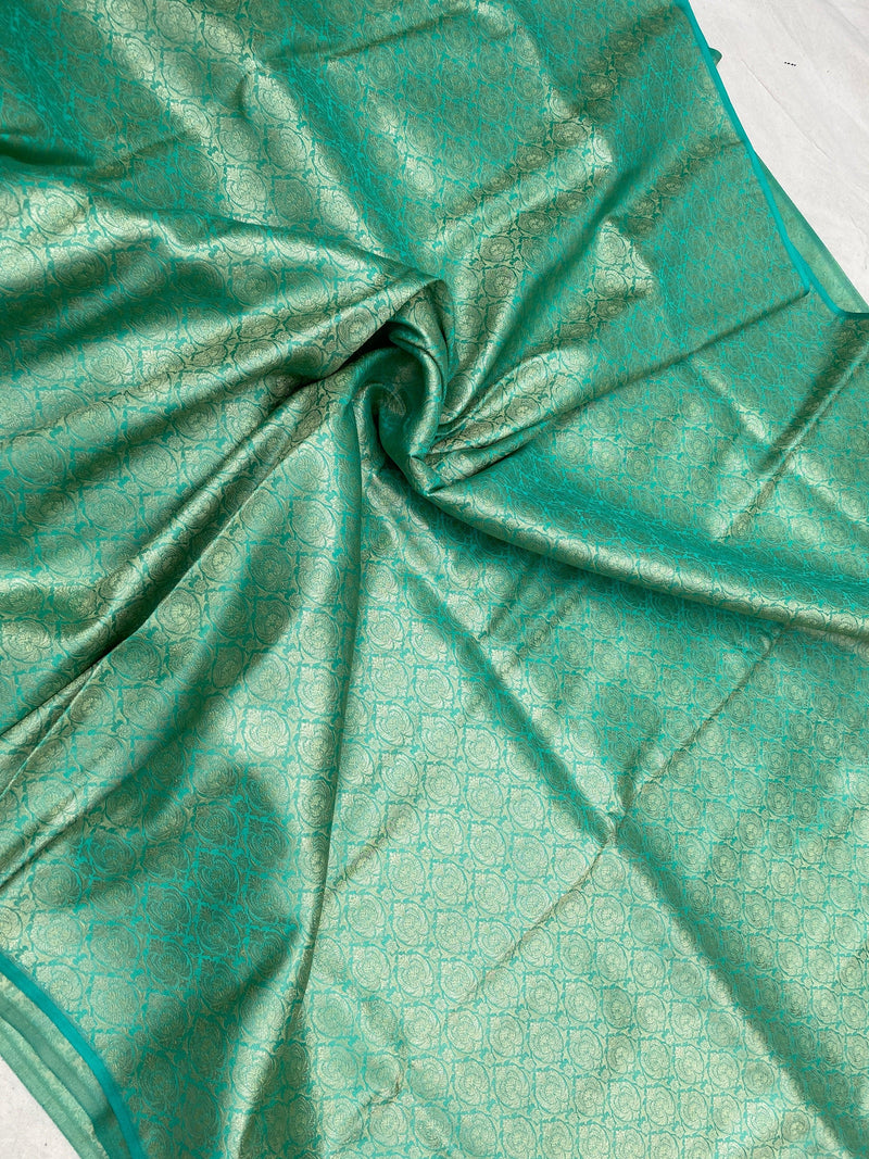 Sea Green Handloom Pure Katan Silk Brocade Banarasi Fabric - Shades Of Benares