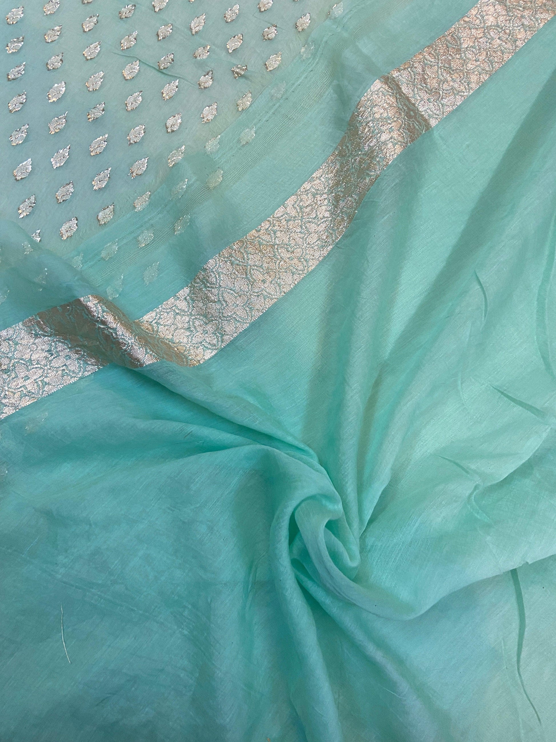 Sea Green Pure Banarasi Cotton Silk Handloom Saree With Blouse Piece by Shades Of Benares - banarasi - banarasi saree shop