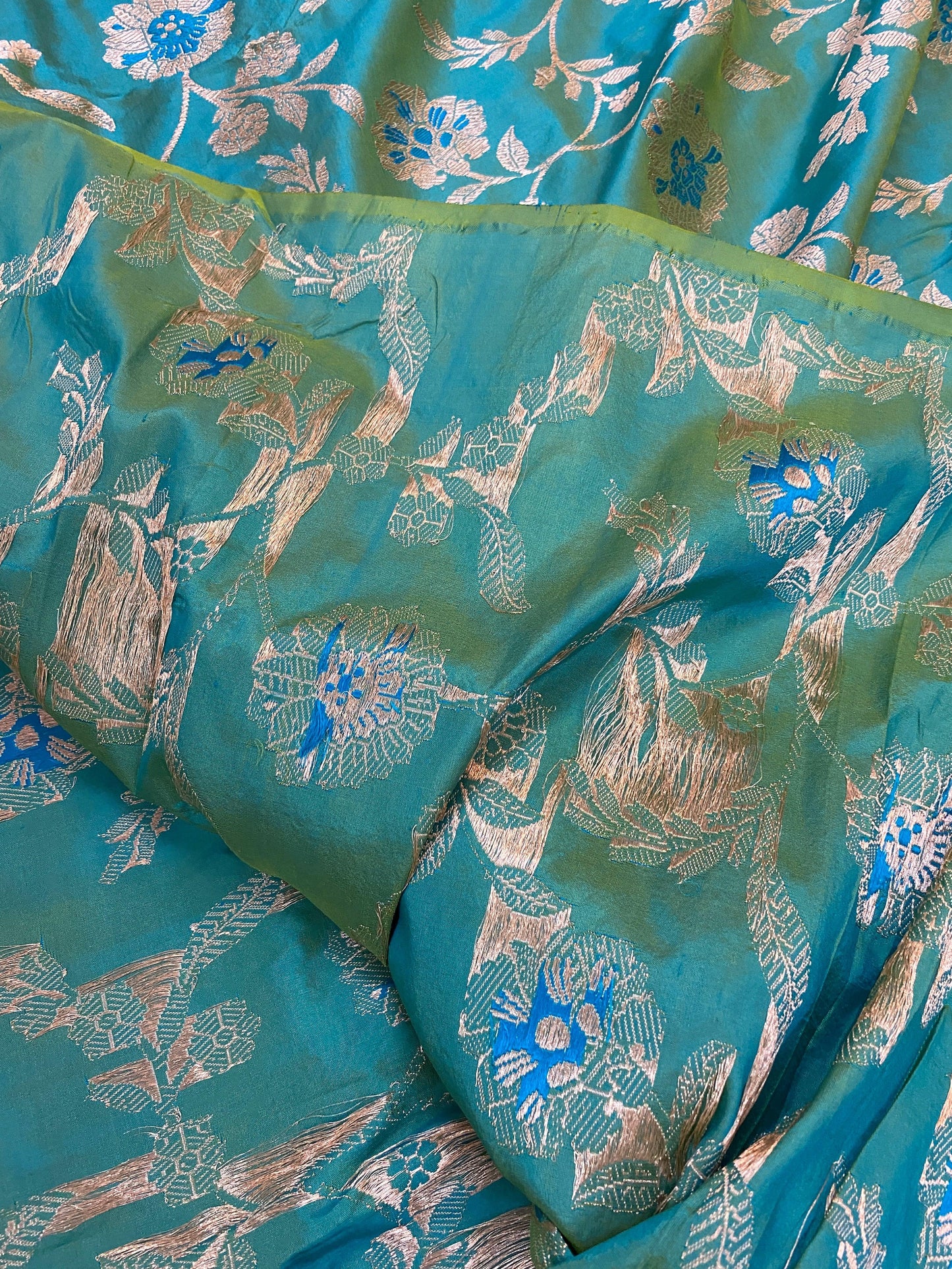 Sea Green Pure Banarasi Katan silk Handloom fabric by Shades Of Benares - banarasi - banarasi saree shop