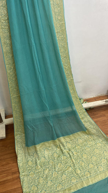 Sea Green Pure Banarasi Khaddi Chiffon Georgette Handloom Saree by Shades Of Benares - banarasi - banarasi saree shop