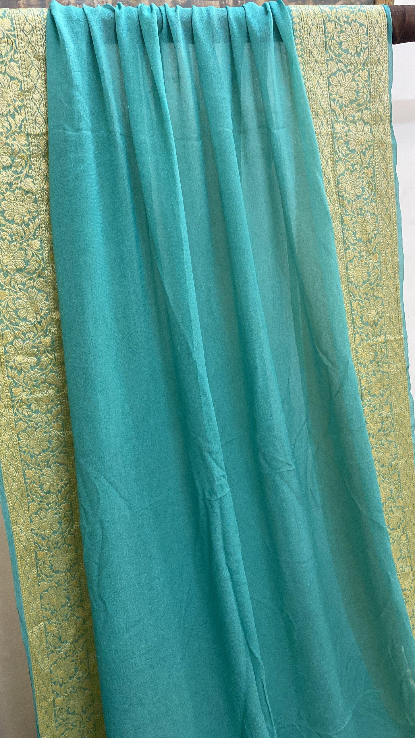 Sea Green Pure Banarasi Khaddi Chiffon Georgette Handloom Saree by Shades Of Benares - banarasi - banarasi saree shop