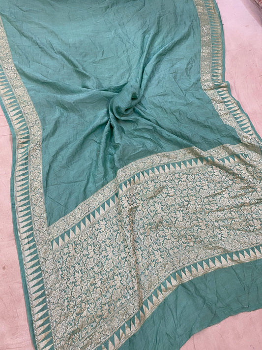 Sea Green Pure Banarasi Khaddi Moonga Silk Handloom Saree by Shades Of Benares - banarasi - banarasi saree shop