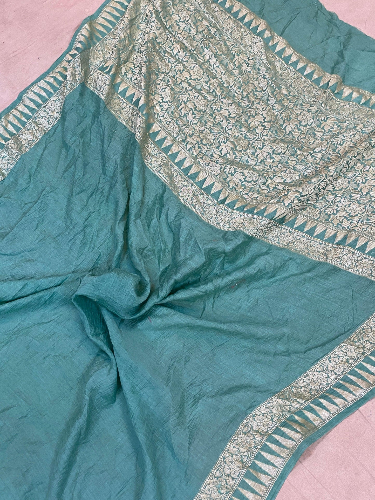 Sea Green Pure Banarasi Khaddi Moonga Silk Handloom Saree by Shades Of Benares - banarasi - banarasi saree shop