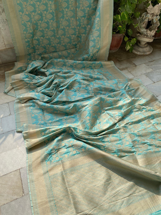 Sea Green Pure Katan Silk Handloom Banarasi Saree by Shades Of Benares - banarasi - banarasi saree shop