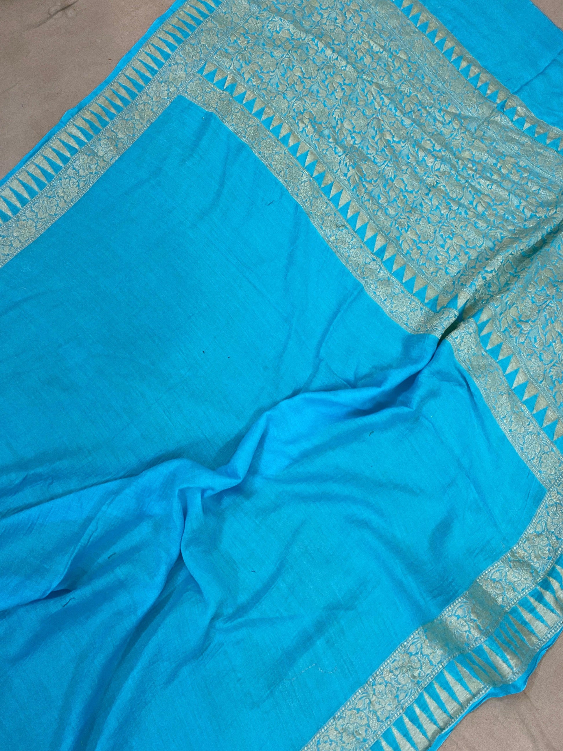 Sky Blue Pure Banarasi Khaddi Moonga Silk Handloom Saree by Shades Of Benares - banarasi - banarasi saree shop