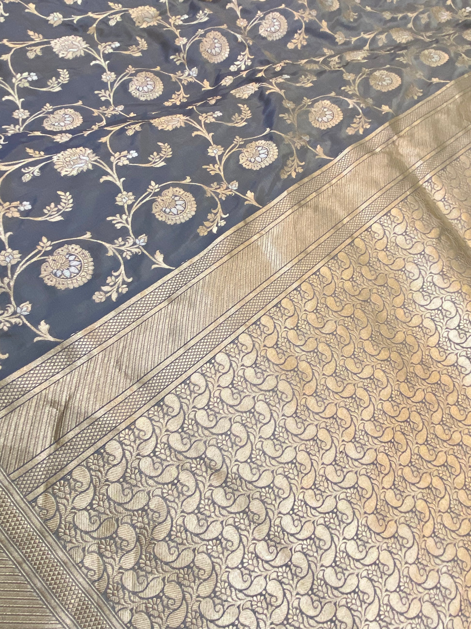 Stale Grey Pure Banarasi Katan Silk Handloom Saree by Shades Of Benares - banarasi - banarasi saree shop