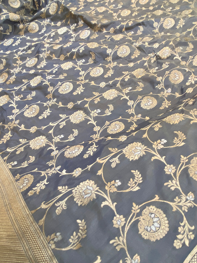 Stale Grey Pure Banarasi Katan Silk Handloom Saree by Shades Of Benares - banarasi - banarasi saree shop