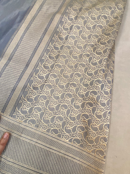 Stale Grey Pure Banarasi Katan Silk Handloom Saree by Shades Of Benares - banarasi - banarasi saree shop