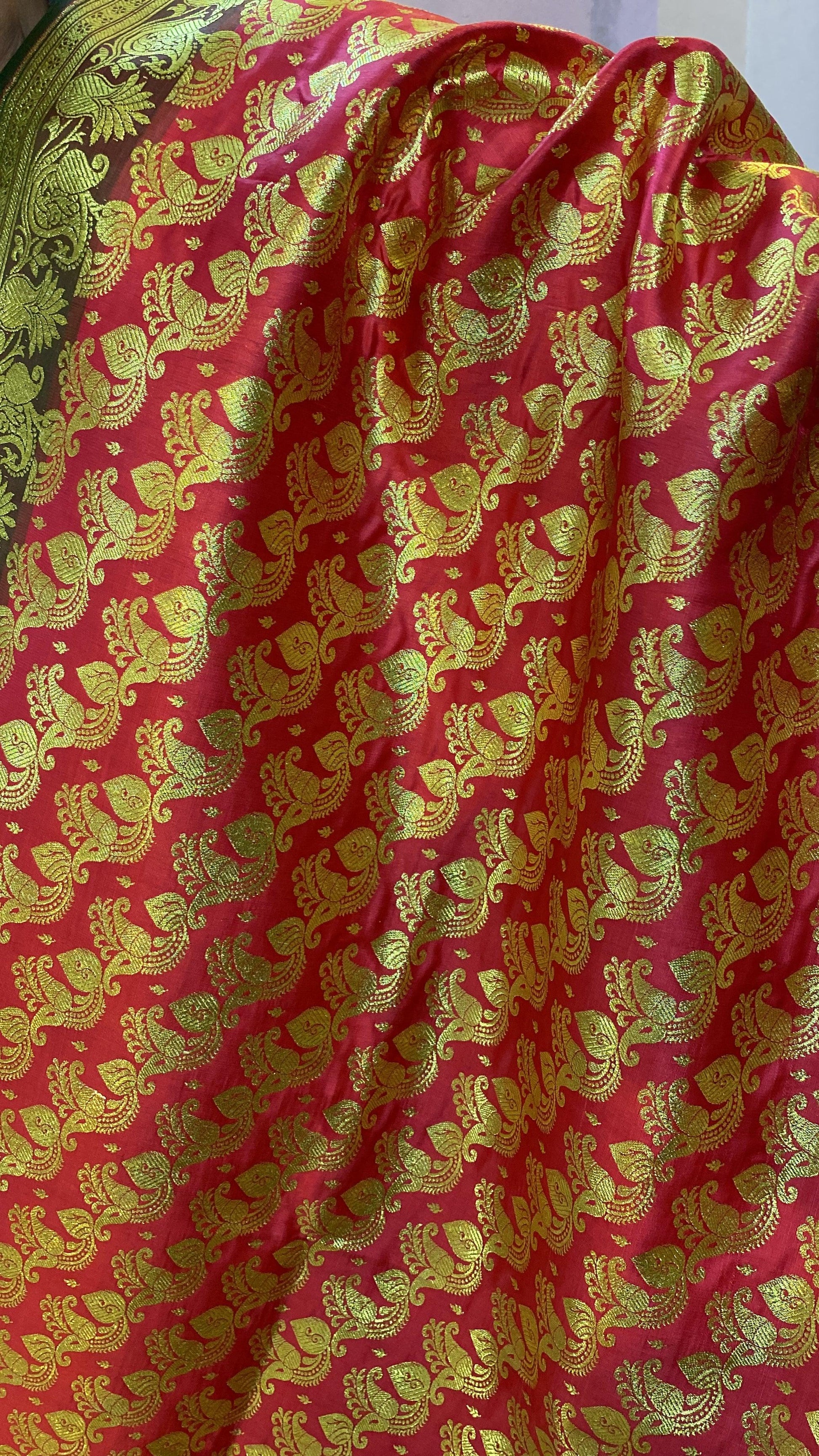 Strawberry Pink Pure Banarasi Satin Silk Handloom Saree For Kids by Shades Of Benares - banarasi - banarasi saree shop