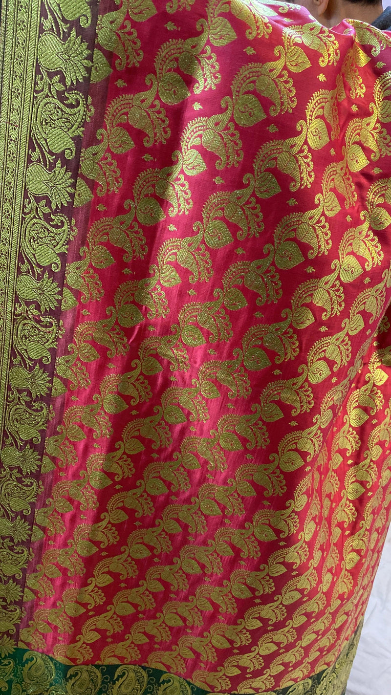 Strawberry Pink Pure Banarasi Satin Silk Handloom Saree For Kids - Shades Of Benares