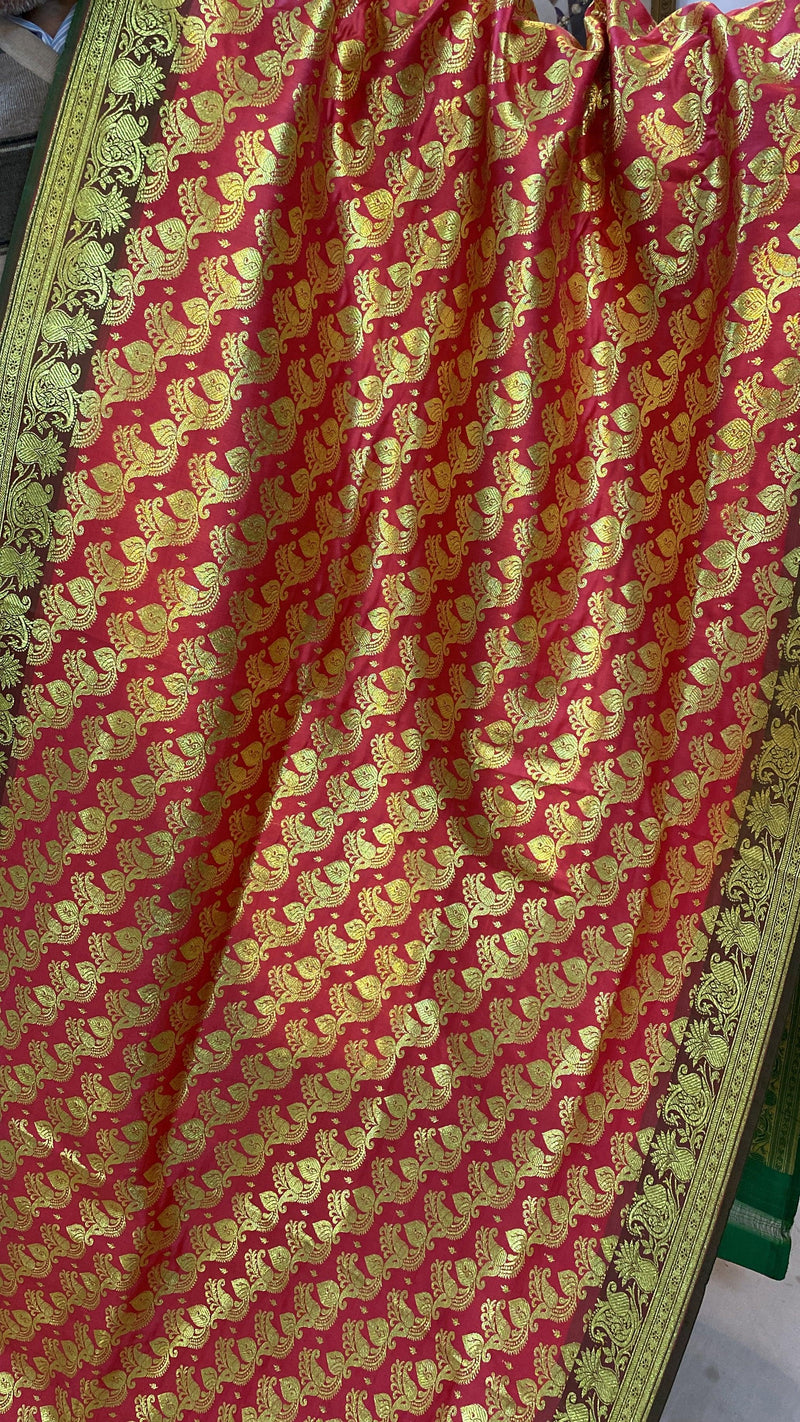 Strawberry Pink Pure Banarasi Satin Silk Handloom Saree For Kids - Shades Of Benares