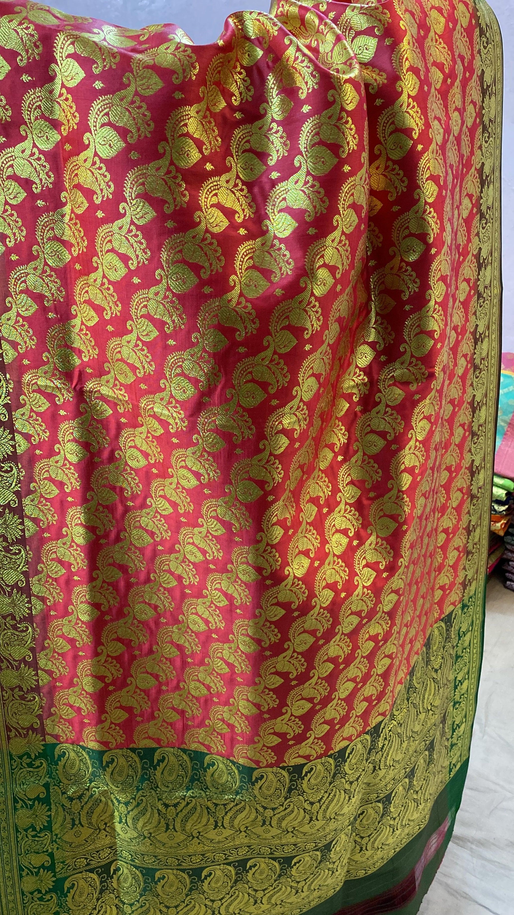 Strawberry Pink Pure Banarasi Satin Silk Handloom Saree For Kids by Shades Of Benares - banarasi - banarasi saree shop