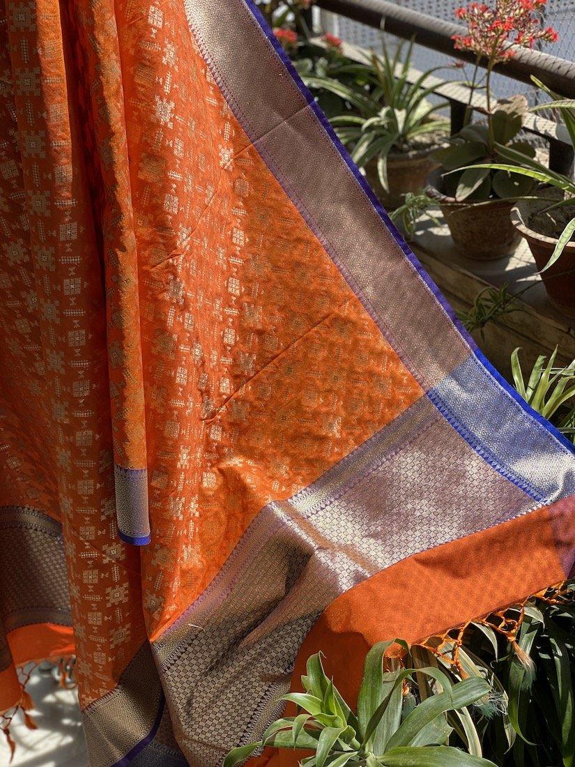 Vibrant Orange Handloom Banarasi Silk Dupatta: Elevate Your Festive & Traditional Attire by Shades Of Benares - banarasi - banarasi saree shop