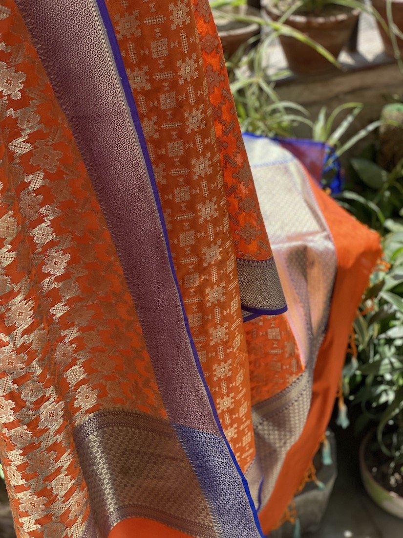 Vibrant Orange Handloom Banarasi Silk Dupatta: Elevate Your Festive & Traditional Attire by Shades Of Benares - banarasi - banarasi saree shop