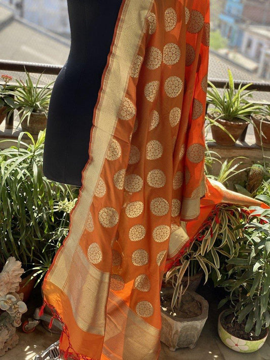 Vibrant Orange Handloom Banarasi Silk Dupatta: Elevate Your Party and Wedding Attire by Shades Of Benares - banarasi - banarasi saree shop