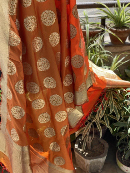 Vibrant Orange Handloom Banarasi Silk Dupatta: Elevate Your Party and Wedding Attire by Shades Of Benares - banarasi - banarasi saree shop