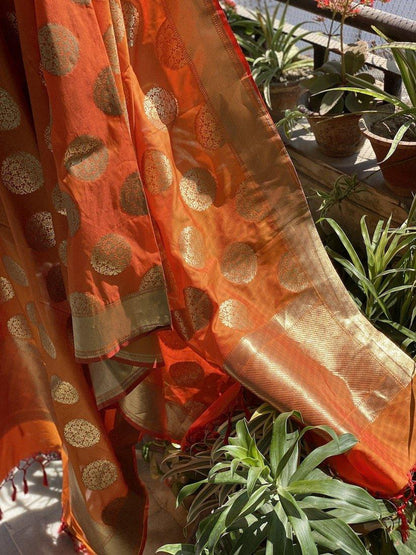 Vibrant Orange Handloom Banarasi Silk Dupatta: Elevate Your Party and Wedding Attire by Shades Of Benares - banarasi - banarasi saree shop